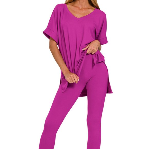 V‑Neck Short-Sleeve Loungewear Leggings Set-Buttery Soft Brushed DTY Microfiber - Picture 2 of 6